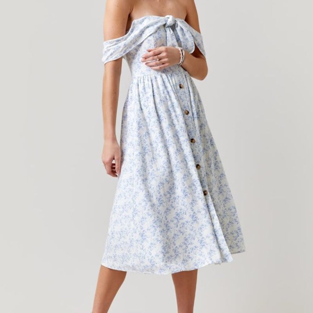 Mi Ami (Francesca’s) Off-Shoulder Blue Floral Midi Dress